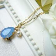 Swarovski Crystal Air Blue Opal Teardrop Pendant Necklace In Gold