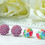 Vintage Flower Earrings Set.  Post Earrings. Colorful Chrysanthemum. Stainless Steel Posts