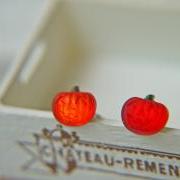 Pumpkin Jack O Lantern Post Earrings. Vintage Glass Cabochon. Halloween. Titanium Posts