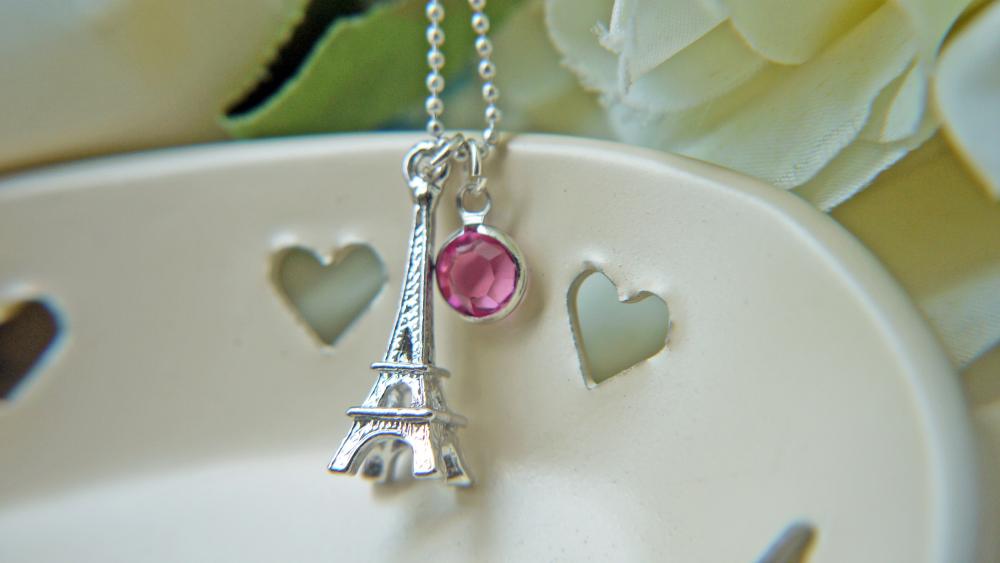 Eiffel Tower Silver Necklace Swarovski Crystal Rose Pink Romantic Paris La Vie En Rose